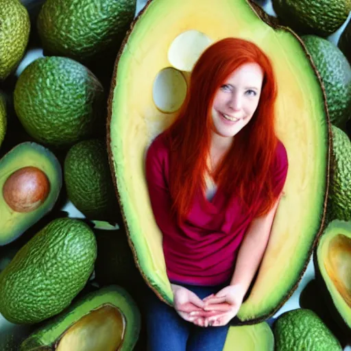 Prompt: red headed young woman inside a giant avocado