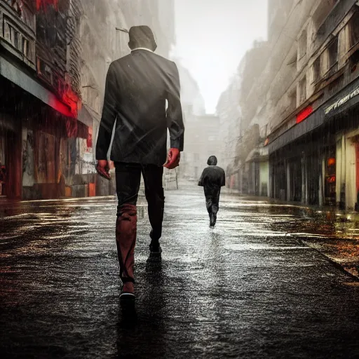 Image similar to lava man walking on a rainy street in a abandoned city, golden hours, heat wave, 4 k photoshop, photorealistic, 1 0 0 m, sharp focus, bokeh