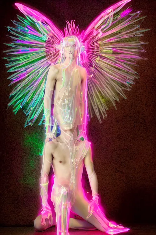 Image similar to full-body rococo and cyberpunk delicate neon crystalline sculpture of (((muscular slender Spanish male))) as an iridescent humanoid deity wearing a thin see-through ((plastic hooded cloak)) sim roupa, reclining con (las piernas abiertas), glowing pink face, crown of (((white lasers))), large diamonds, swirling black silk fabric. futuristic elements. oozing glowing liquid, full-length view. space robots. (((human skulls))). throne made of bones, intricate artwork by caravaggio. Trending on artstation, octane render, cinematic lighting from the right, hyper realism, octane render, 8k, depth of field, 3D
