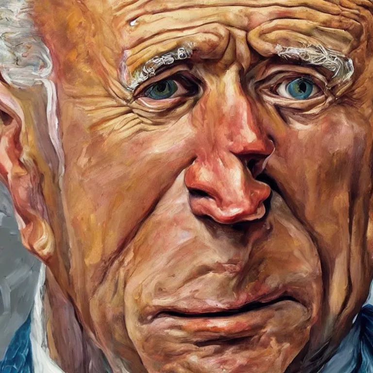 Prompt: close up studio portrait of aging old Joe Biden age 103 wrinkled sad, impasto oil painting by Lucian Freud and Ron Mueck, trending on artstation Studio lighting Expressionism