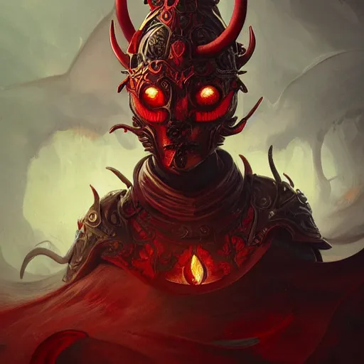 Image similar to An ornate front facing helm with large horns, Black steel with red trim, engulfed in blood red flames, intricate, elegant, highly detailed, digital painting, artstation, concept art, smooth, sharp focus, illustration, art by anato Finnstark and Peter mohrbacher,