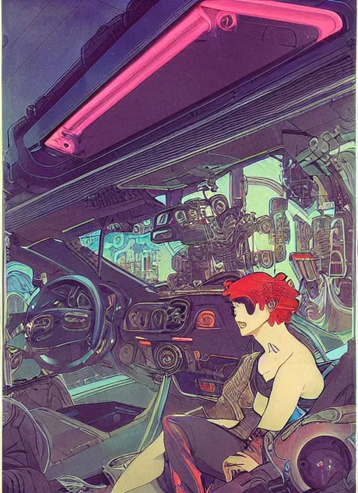 Image similar to portrait of a cyborg boy and a cyborg girl inside a car in the middle of futuristic tokyo at night. diffuse neon light, dramatic landscape, fantasy illustration, matte painting by mucha