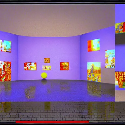 Image similar to virtual art museum in a 9 0 s video game, net art!, ps 2 graphics!, digital rendering, liminal space!, hd, intricate, detailed