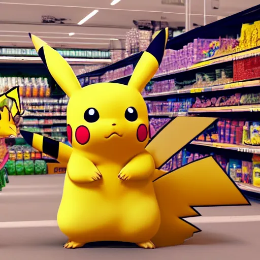 Image similar to Pikachu in a supermarket, matte painting, concept art, cgsociety, octane render, trending on artstation, artstationHD, artstationHQ, unreal engine, 4k, 8k