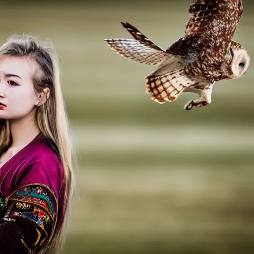 Prompt: portrait photograph shot on petzval lens of an extremely beautiful!!!! young blonde female with symmetric face posing. with a very detailed barn owl!!!!! on her shoulder. wearing mongolian traditional outfit in iceland. shallow depth of field. featured on flickr, art photography,