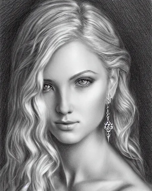 Image similar to pencil drawing of a beautiful greek goddess aphrodite with arrowhead earrings, beautiful piercing eyes, beautiful blonde hair, hyper realistic face, in the style of greg rutkowski, fantasy, amazing detail, epic, elegant, smooth, sharp focus, from the front