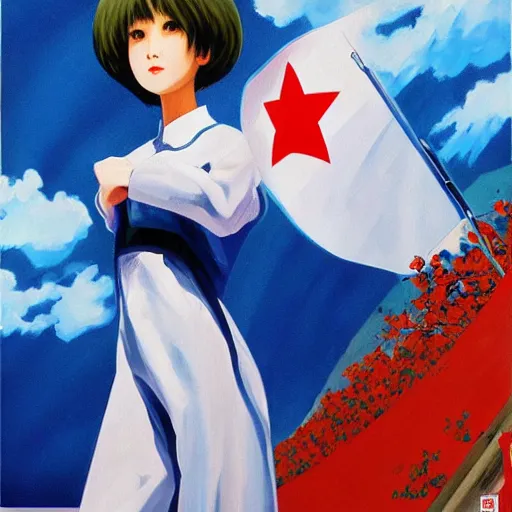 Prompt: “ rei ayanami north korean propaganda poster, award winning, oil painting ”