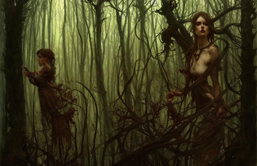 Image similar to inside a dark horror forest, heroic lighting, folklore, intricate, elegant, highly detailed, lifelike, photorealistic, digital painting, artstation, illustration, concept art, smooth, sharp focus, art by John Collier and Albert Aublet and Krenz Cushart and Artem Demura and Alphonse Mucha