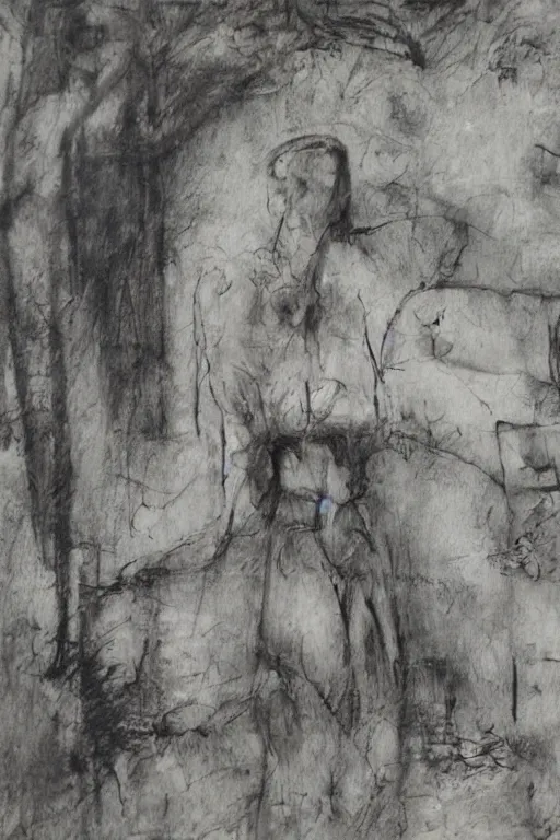 Image similar to a drawn man standing in the rain. pencil sketch.