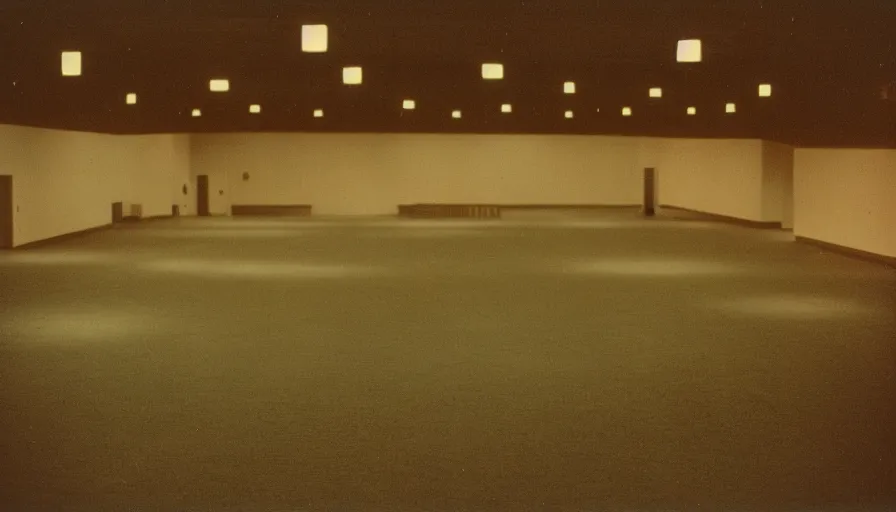 Image similar to 60s movie still of a sovietic stalinist style empty ballroom at night, cinestill 800t 50mm eastmancolor, liminal Space style, heavy grain-s 150