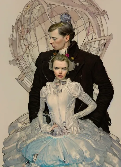 Image similar to a low angle copic maker art nouveau dystopian portrait of russian beautiful girl detailed features wearing a latex wedding dress with a puffy skirt designed by balenciaga by john berkey, norman rockwell akihiko yoshida