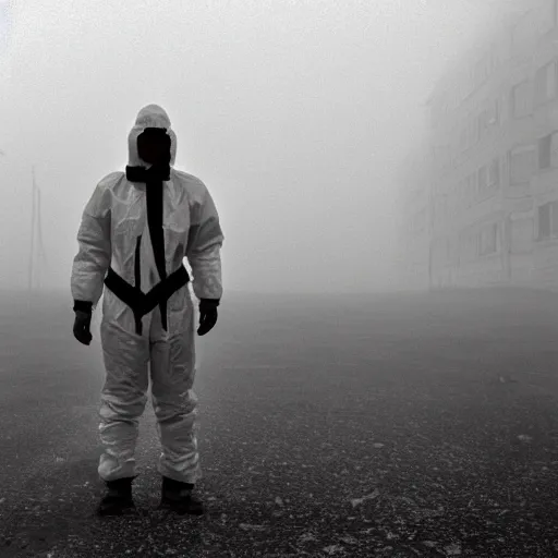 Prompt: 1990s low quality black and white photograph of a man in a hazmat suit standing in an abandoned foggy soviet town