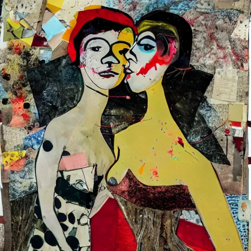 Image similar to two women kissing at a carnival in autumn, mixed media collage, retro, paper collage, magazine collage, acrylic paint splatters, bauhaus, claymation, layered paper art, sapphic visual poetry expressing the utmost of desires by jackson pollock