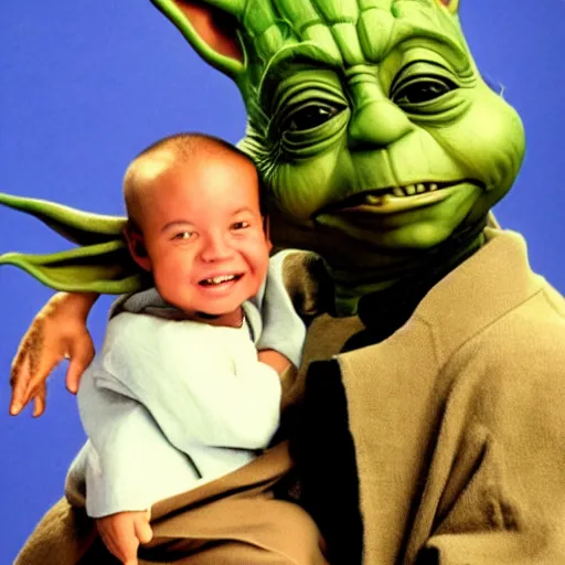 Image similar to kanye west smiling and holding yoda yoda for a 1 9 9 0 s sitcom tv show, studio photograph, portrait