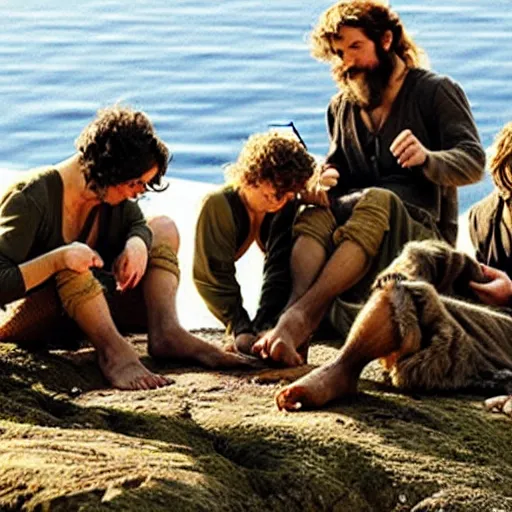 Prompt: a group of hobbits admiring the hairiness of their feet