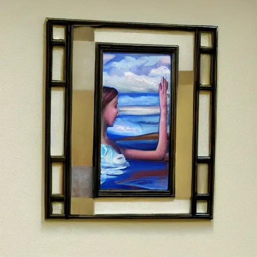 Image similar to picture of a painting of a picture, inception, mirrorlike, art deco