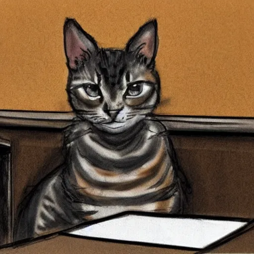 Prompt: I Tortoiseshell cat on the witness stand in court. Courtroom drawing