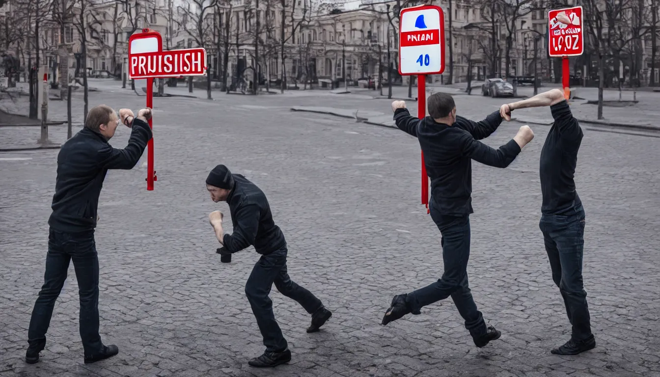 Prompt: picture of russian man punching a street sign, very detailed, 8 k