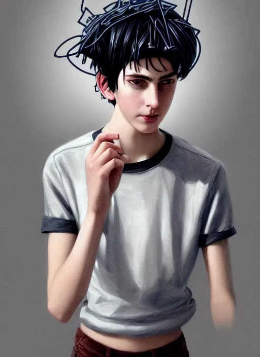 Image similar to portrait of teenage jughead jones wearing a light grey crown, photorealistic, crown, eyes closed, crown, black hair, intricate, elegant, glowing lights, highly detailed, digital painting, artstation, concept art, smooth, sharp focus, illustration, art by wlop, mars ravelo and greg rutkowski