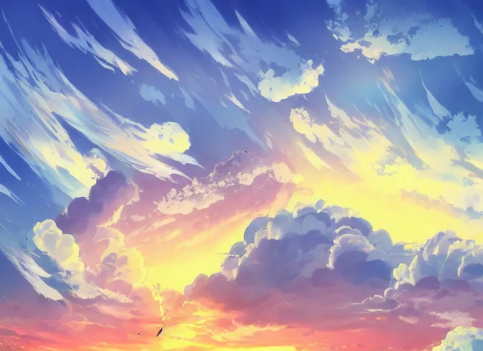 Prompt: illustration of clouds sky sunset | | anime key visual, official media, illustrated by wlop, extremely detailed, 8 k, trending on pixiv, cinematic lighting, beautiful