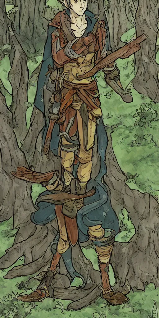 Image similar to an wood elf boy getting ready for an high fantasy adventure on the mountain side, anime style, tarot card, Tarot card the fool, fine line work, psychedelic, full color, earth tones