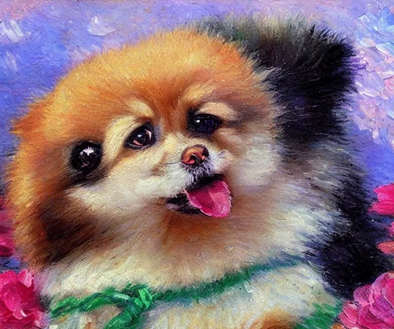 Image similar to pomeranian, cute, monet, oil painting