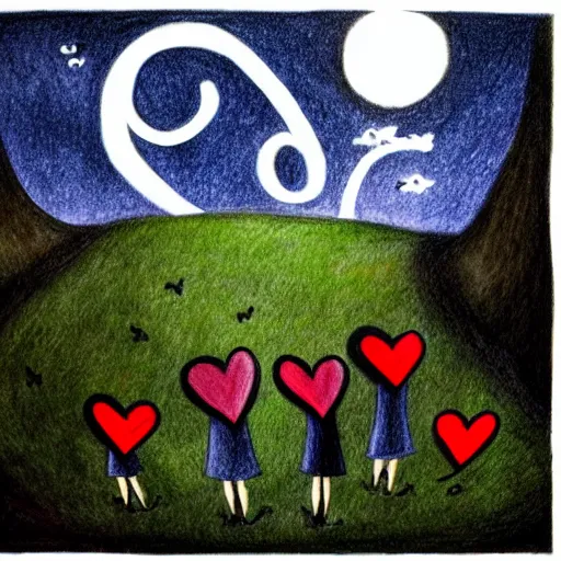 Image similar to teaching, primary school on a hill, hearts, friendship, love, sadness, dark ambiance, concept by godfrey blow, featured on deviantart, drawing, sots art, lyco art, artwork, photoillustration, poster art