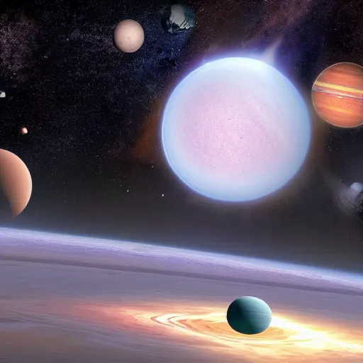 Image similar to photo of mob of planets in galactic mealstrom, vray