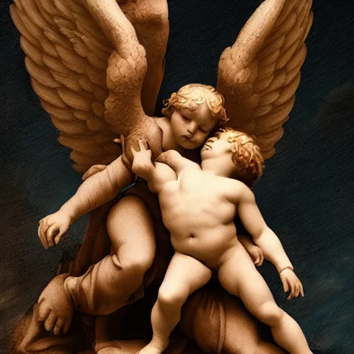 Prompt: guardian angel protecting child by michelangelo, very detailed, deviantart, artstation