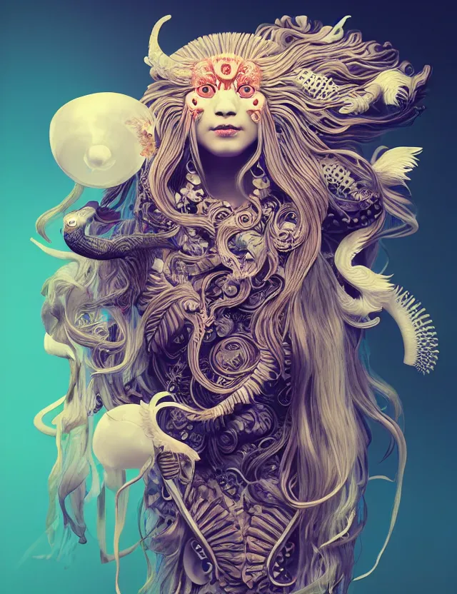 Image similar to 3 d slvic goddess half - turn portrait with long hair with ram skull. beautiful intricately detailed japanese crow kitsune mask and clasical japanese kimono. betta fish, jellyfish phoenix, bio luminescent, plasma, ice, water, wind, creature, artwork by tooth wu and wlop and beeple and greg rutkowski