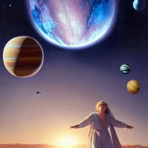 Prompt: giant woman floating among the planets in the solar system, oil on canvas, intricate, 8k highly professionally detailed, HDR, CGsociety