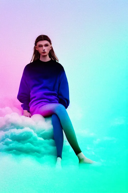 Prompt: high quality pastel coloured film photograph of a model wearing clothing resting on cloud furniture in a icelandic black rock environment in a partially haze filled dreamstate world. three point light, rainbow. photographic production. art directed. pastel colours. volumetric clouds. pastel gradient overlay. waves glitch artefacts. extreme facial clarity. 8 k. filmic.