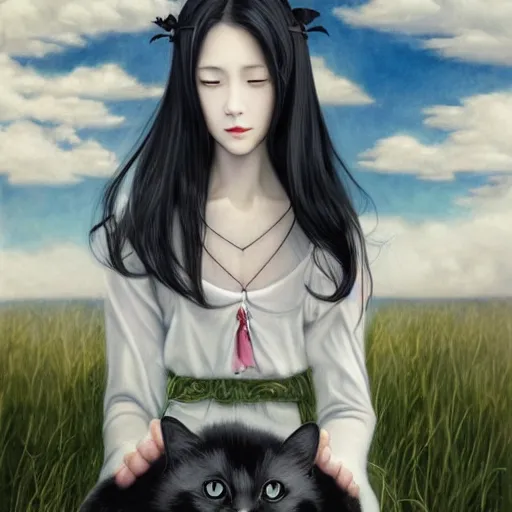 Prompt: young vampire and her black cat Portrait by Miho Hirano, full body ,manga, realistic, detailed, white, light pink tonalities, beautiful collage technique including clouds, sea, wind, ornate sea background, beautiful Fantasy detailed trending on artstation, oil painting,Dramatic lighting, eterea , high quality print, fine art with subtle redshift rendering