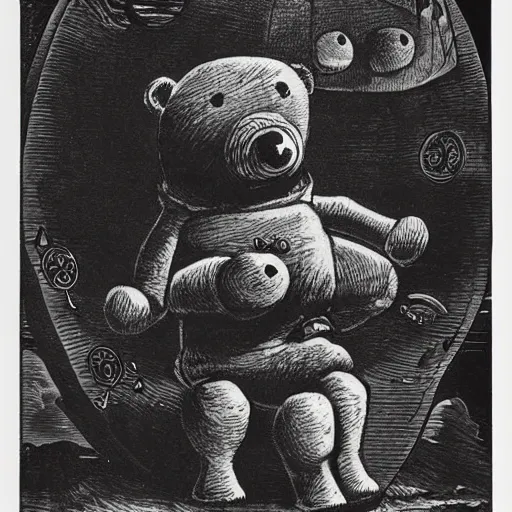 Image similar to found footage of floating teddy bear mask. space opera. b & w grainy. children illustration. art by gustav dore