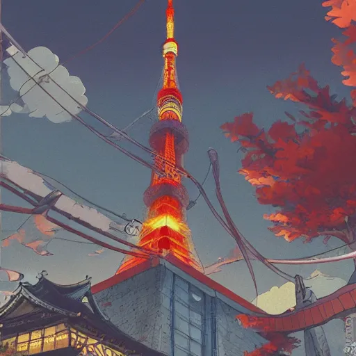 Prompt: Tokyo Tower, Ghibli, Anime Background, Miyazaki Hayao, concept art, illustration,smooth, sharp focus, intricate, super wide angle, trending on artstation, trending on deviantart, 4K