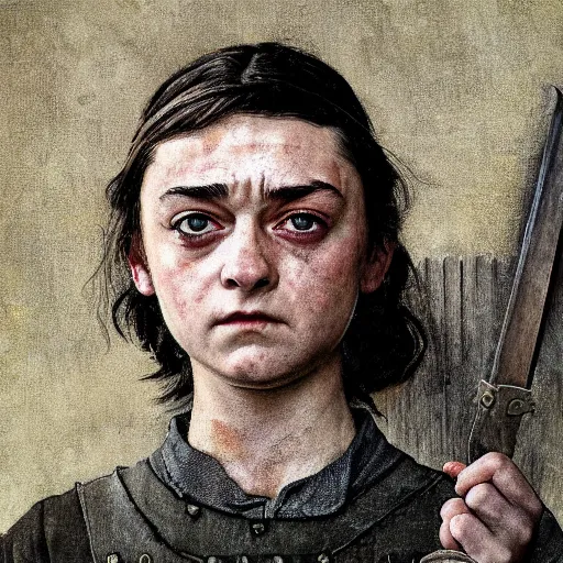 Prompt: Frontal portrait of a barbed arya stark. A portrait by Norman Rockwell.