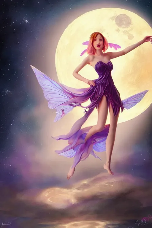 Image similar to attractive fairy magically floating high in the night, fantasy, full moon in background. highly detailed painting by artgerm, mid shot, 8 k