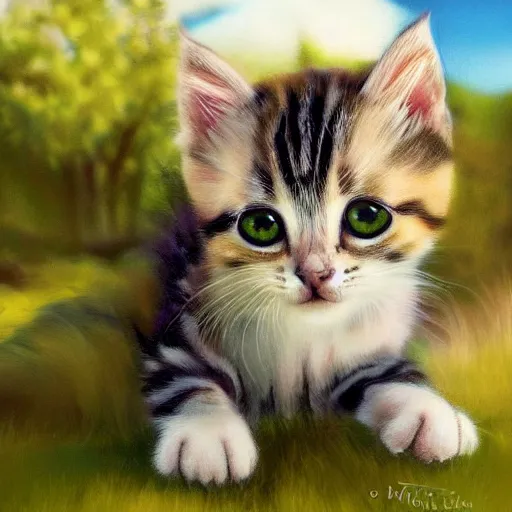 Prompt: a portrait of a cute kitten character in a scenic environment by andrews, esao