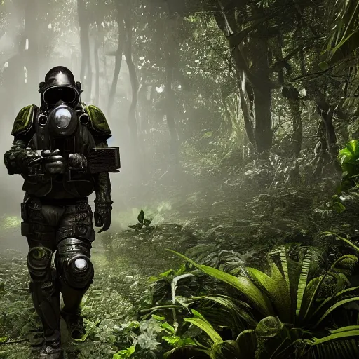 Image similar to a heavily armored man wearing a gasmask, walking through a lush jungle, realistic octane render, ray traced, god rays, extremely high detail