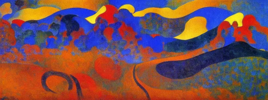 Image similar to An insane, modernist landscape painting. Wild energy patterns rippling in all directions. Curves, organic, zig-zags. Mountains, clouds. Rushing water. Waves. Psychedelic dream world. Odilon Redon. Andre Derain.