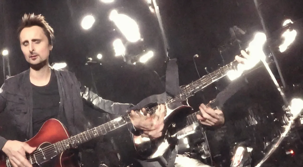 Prompt: matt bellamy playing guitar, 2 0 1 5 live music video, official music video