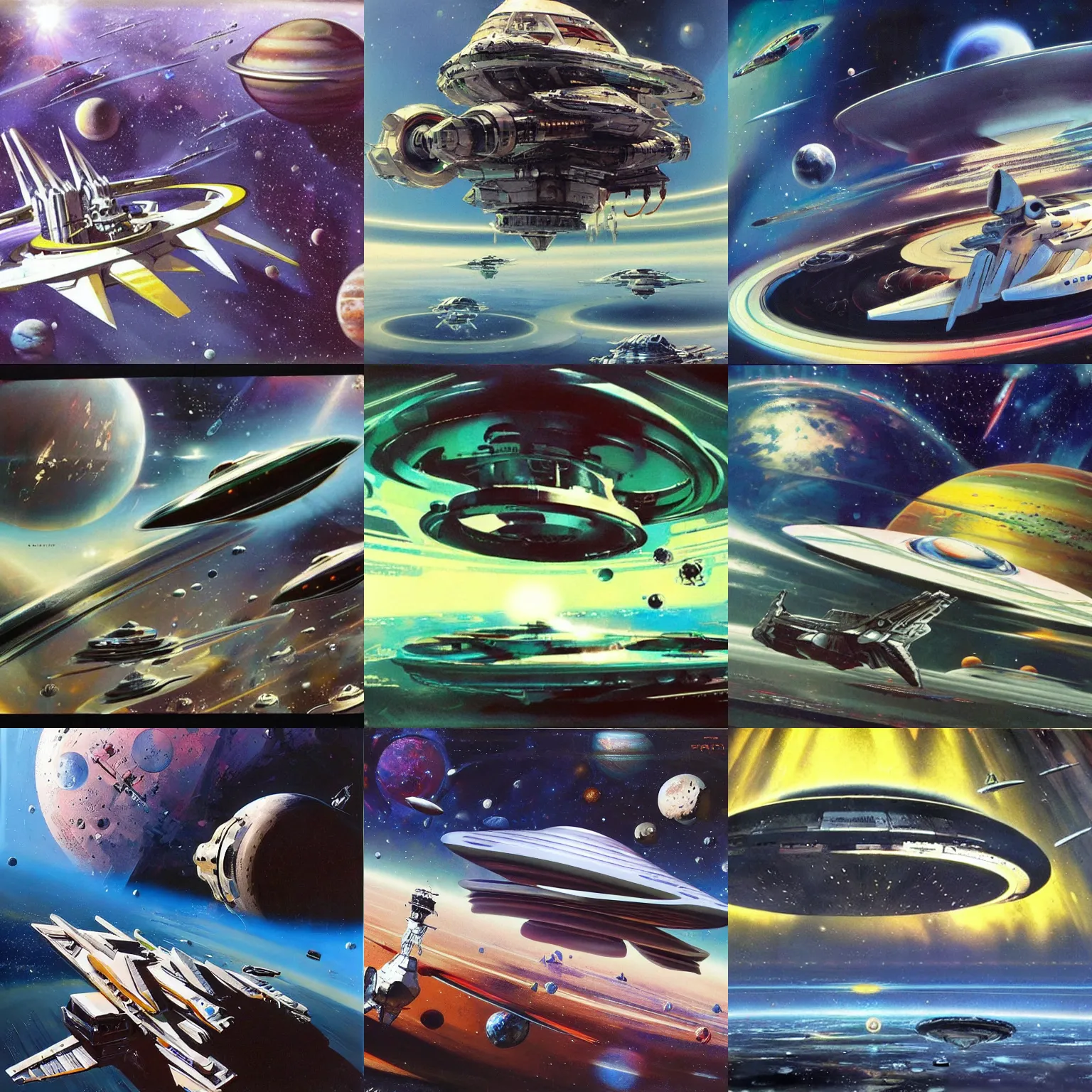 Prompt: spaceship concept art by john berkey. planetary rings in background. technicolor.