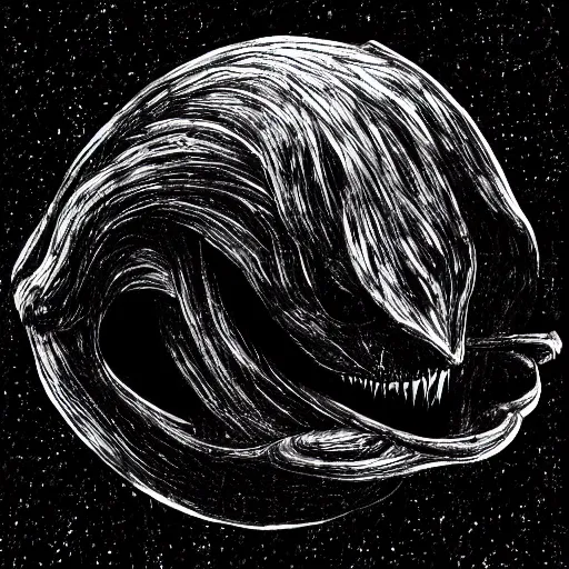 Image similar to A monster from within a black hole, alien in nature, brutal and vast, powerful and hungry :: by Mike Deodata