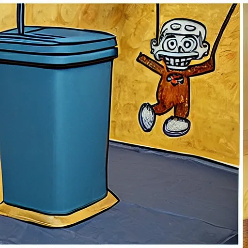 Prompt: oscar the grounch gets a gold plated garbage can, fresco painting