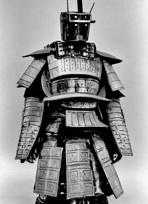 Prompt: old photo of robot samurai by akira kurosawa