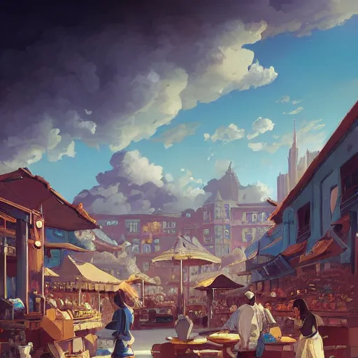 Image similar to a city market and the blue sky with clouds in the distance, in the style of peter mohrbacher