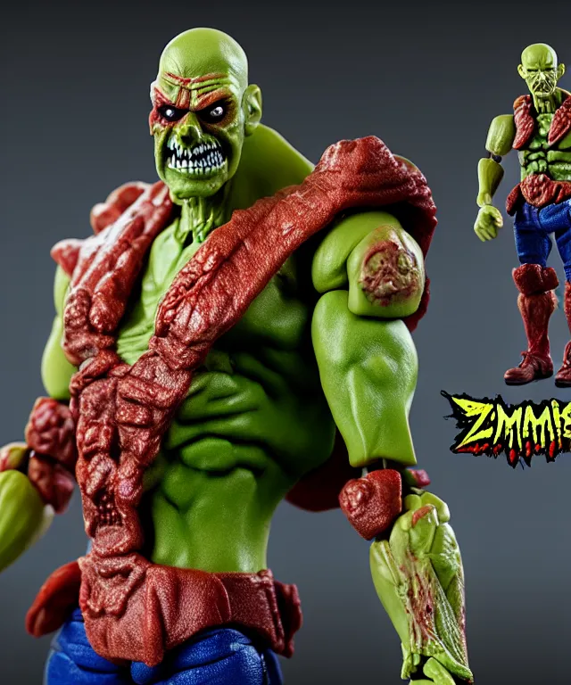 Prompt: hyperrealistic rendering, president zombie is motu action figure, product photography