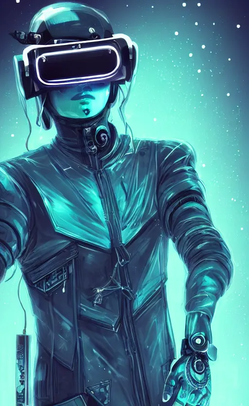 Image similar to wearing the cyberpunk vr helmet of the northern star, fashion, fancy suit, cosmic nova, expensive clothing, professional, teal helmet, naxy blue suit, illustration, style of yoshitaka amano, illustration, artstation, pixiv