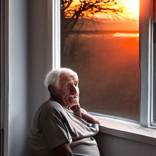 Image similar to A very old man, sitting in a chair in front of a window, looking out at a beautiful sunset award winning photograph