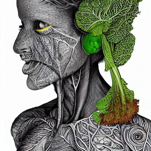 Prompt: the anatomy of a head of lettuce that looks like a beautiful woman, an ultrafine detailed painting by james jean, intricate linework, bright colors, final fantasy, behance contest winner, vanitas, angular, altermodern, unreal engine